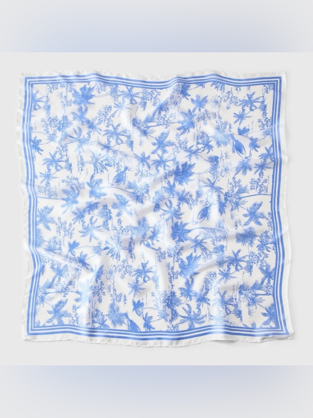 NWOT Silky Blue & White Palm Tree Patterned Square Scarf - Picture 6 of 9